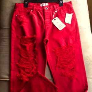 Lucky Brand Sienna Slim Boyfriend red distressed jeans.